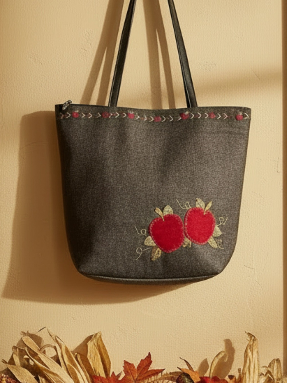 Vintage Cappelli Straworld Denim Tote Bag with Red Apple Appliqué